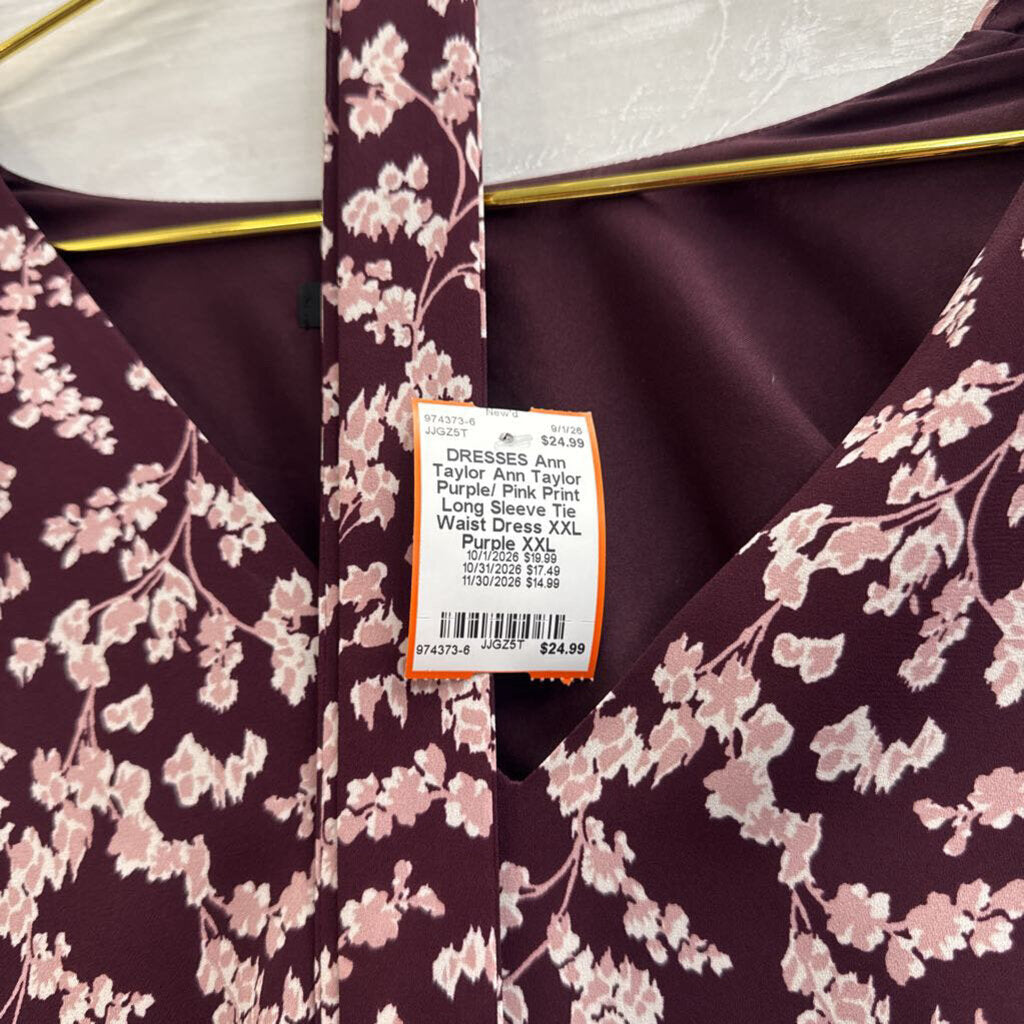 Ann Taylor Purple/ Pink Print Long Sleeve Tie Waist Dress XXL