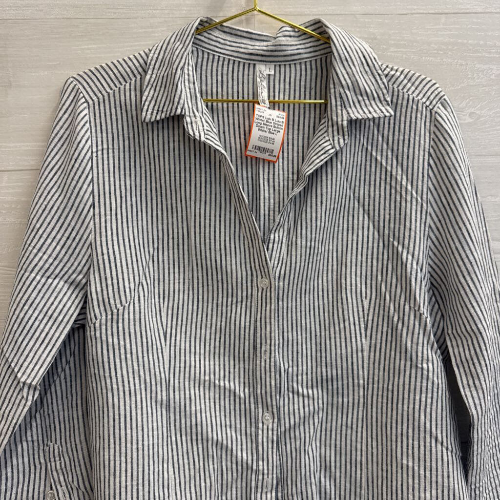 Lulu B White/ Blue Striped Long Sleeve Button Down Top Large