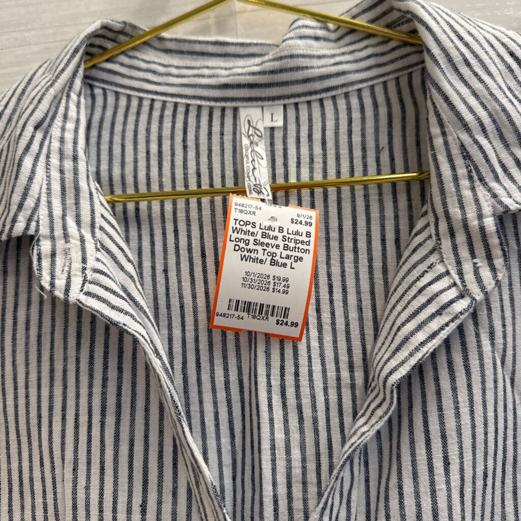 Lulu B White/ Blue Striped Long Sleeve Button Down Top Large