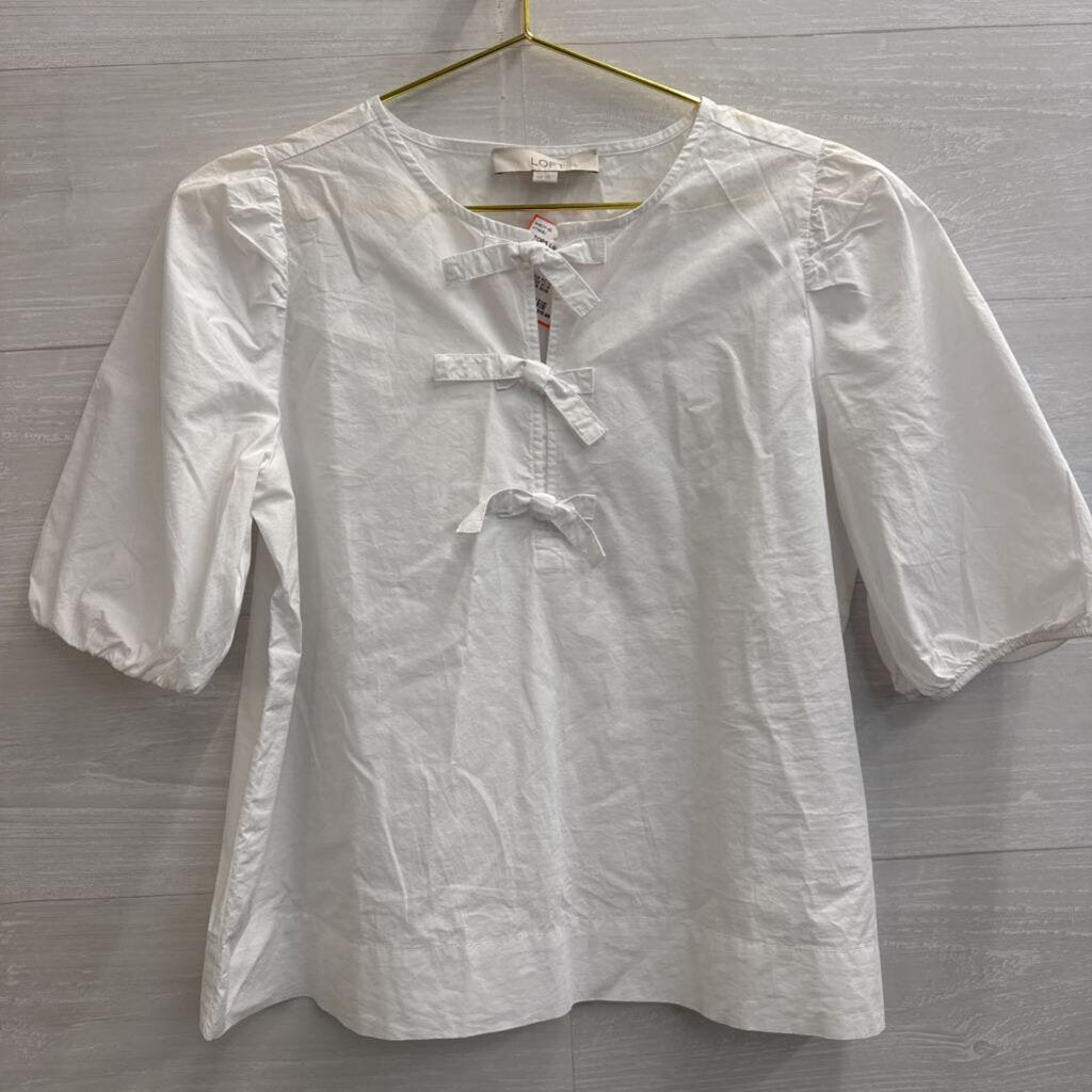 Loft Short Puff Sleeve Bow Front Top Extra Small