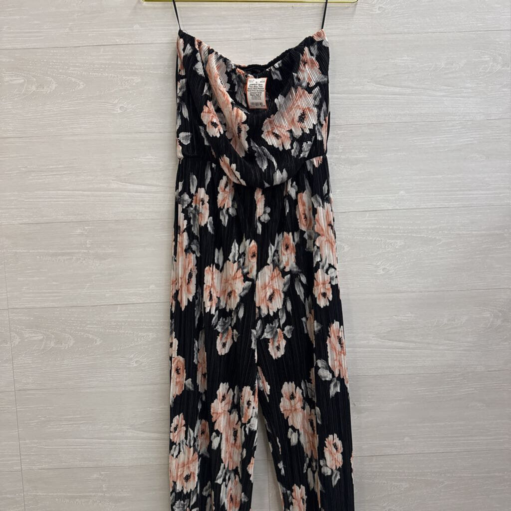 Beau Tissu Black/ Multi Pleated Floral Print Strapless Jumpsuit Small