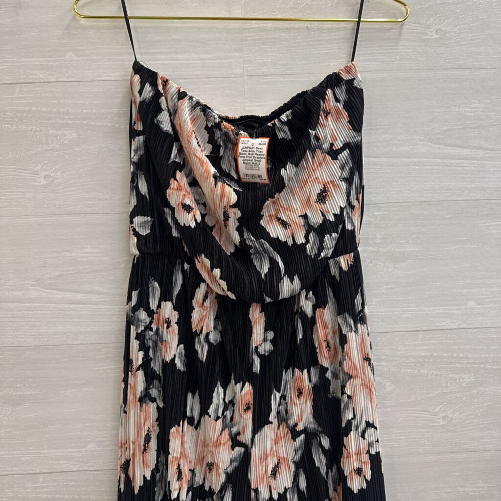 Beau Tissu Black/ Multi Pleated Floral Print Strapless Jumpsuit Small