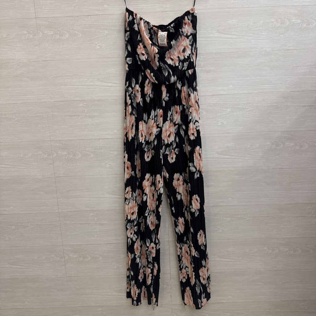 Beau Tissu Black/ Multi Pleated Floral Print Strapless Jumpsuit Small