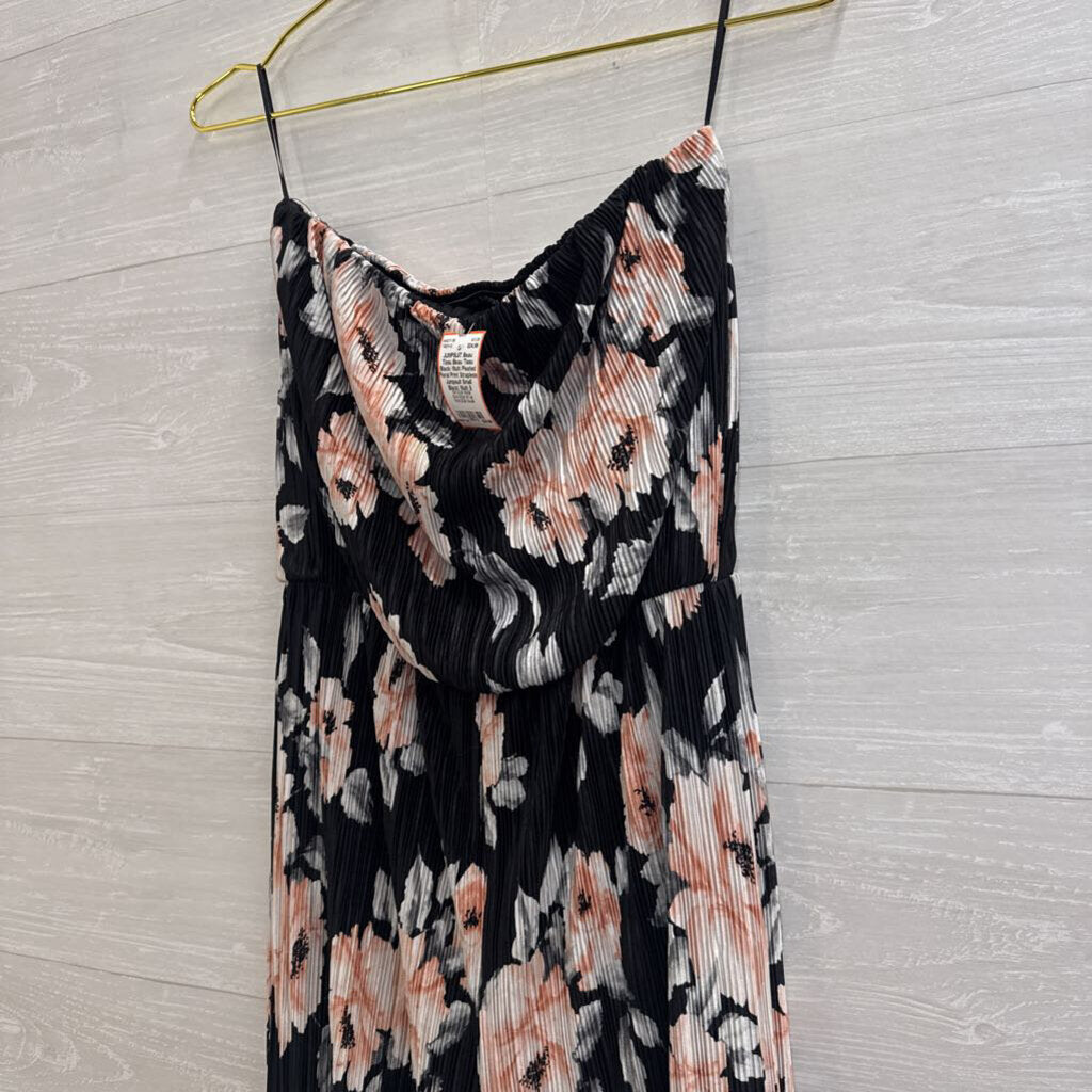 Beau Tissu Black/ Multi Pleated Floral Print Strapless Jumpsuit Small