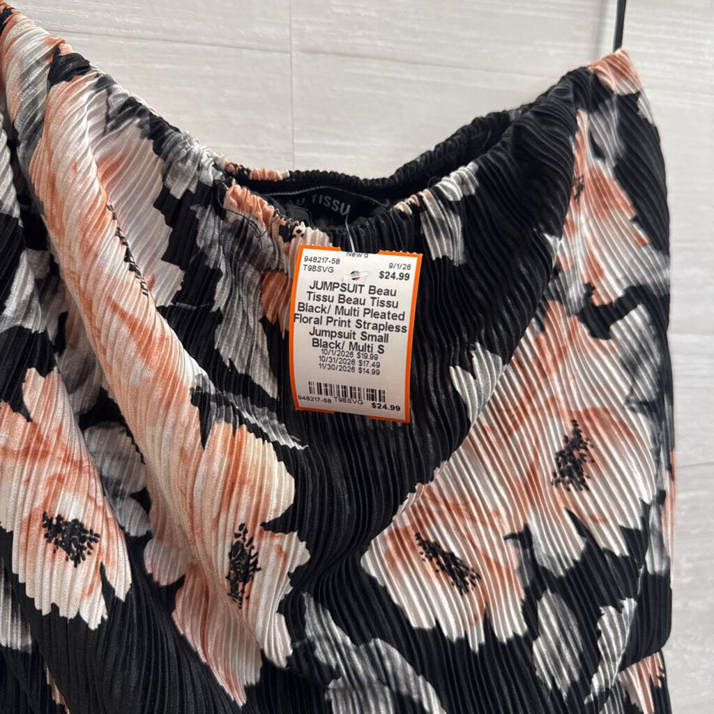Beau Tissu Black/ Multi Pleated Floral Print Strapless Jumpsuit Small