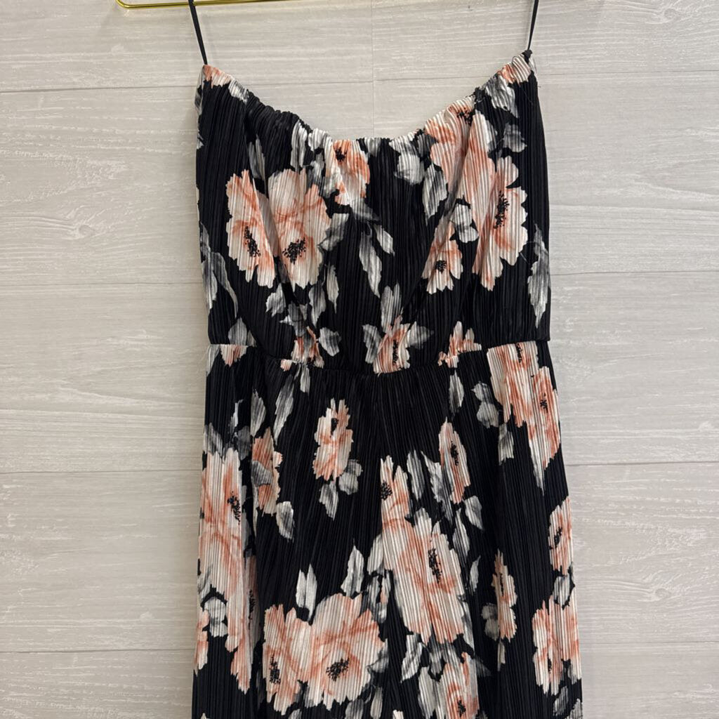 Beau Tissu Black/ Multi Pleated Floral Print Strapless Jumpsuit Small