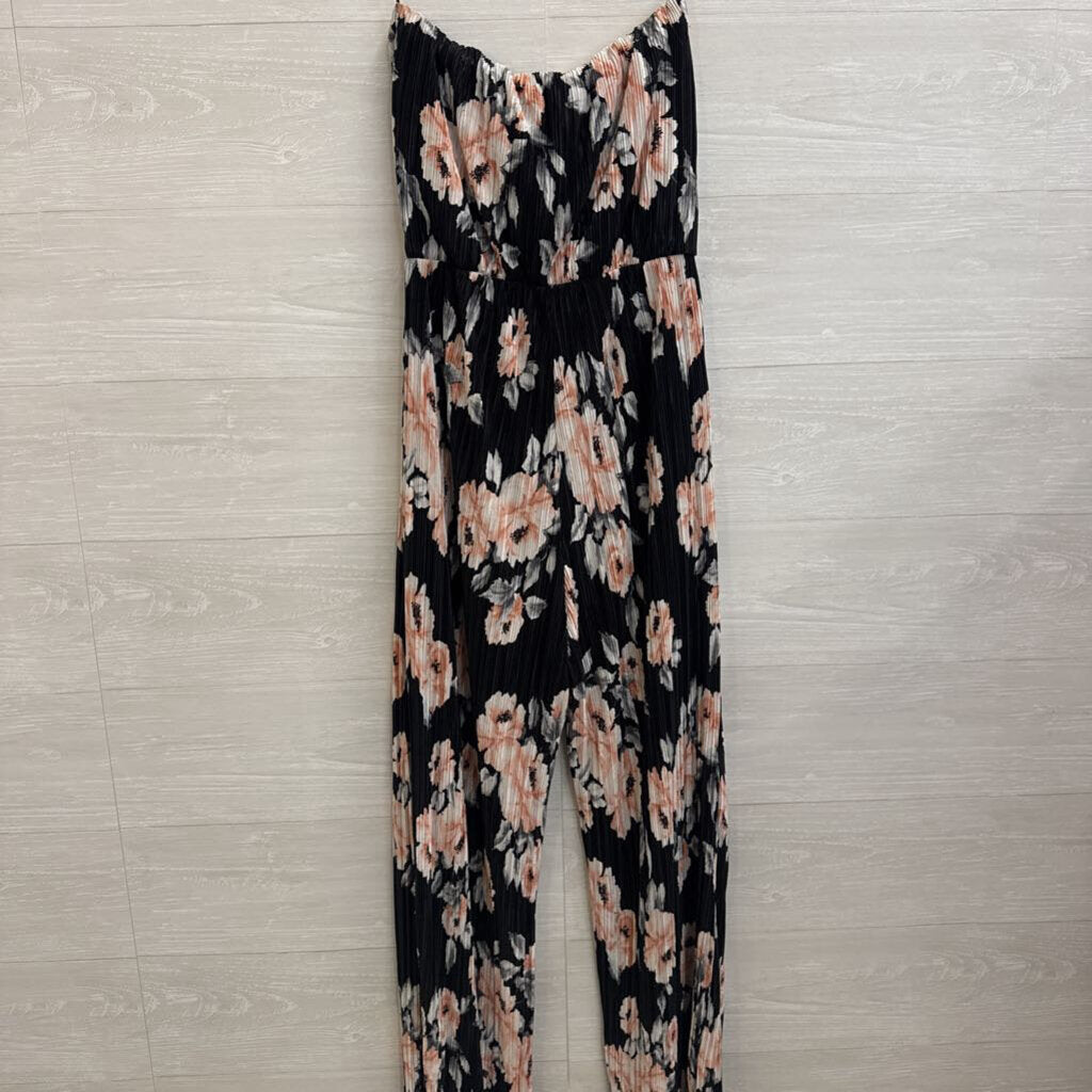 Beau Tissu Black/ Multi Pleated Floral Print Strapless Jumpsuit Small