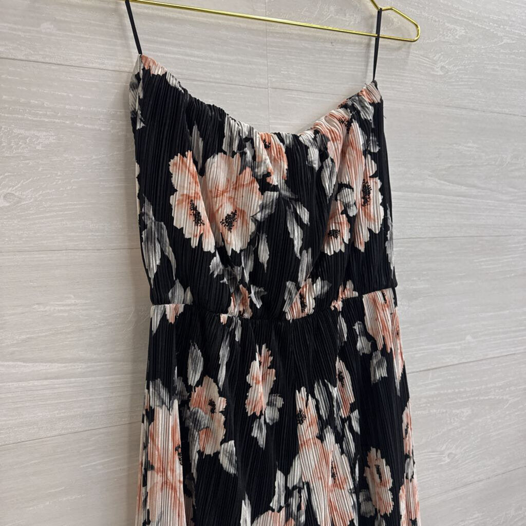 Beau Tissu Black/ Multi Pleated Floral Print Strapless Jumpsuit Small
