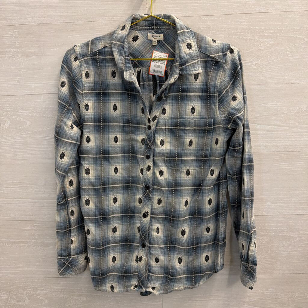 Dylan Blue/ White Plaid Print Long Sleeve Button Down Top Small