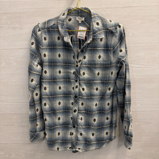 Dylan Blue/ White Plaid Print Long Sleeve Button Down Top Small