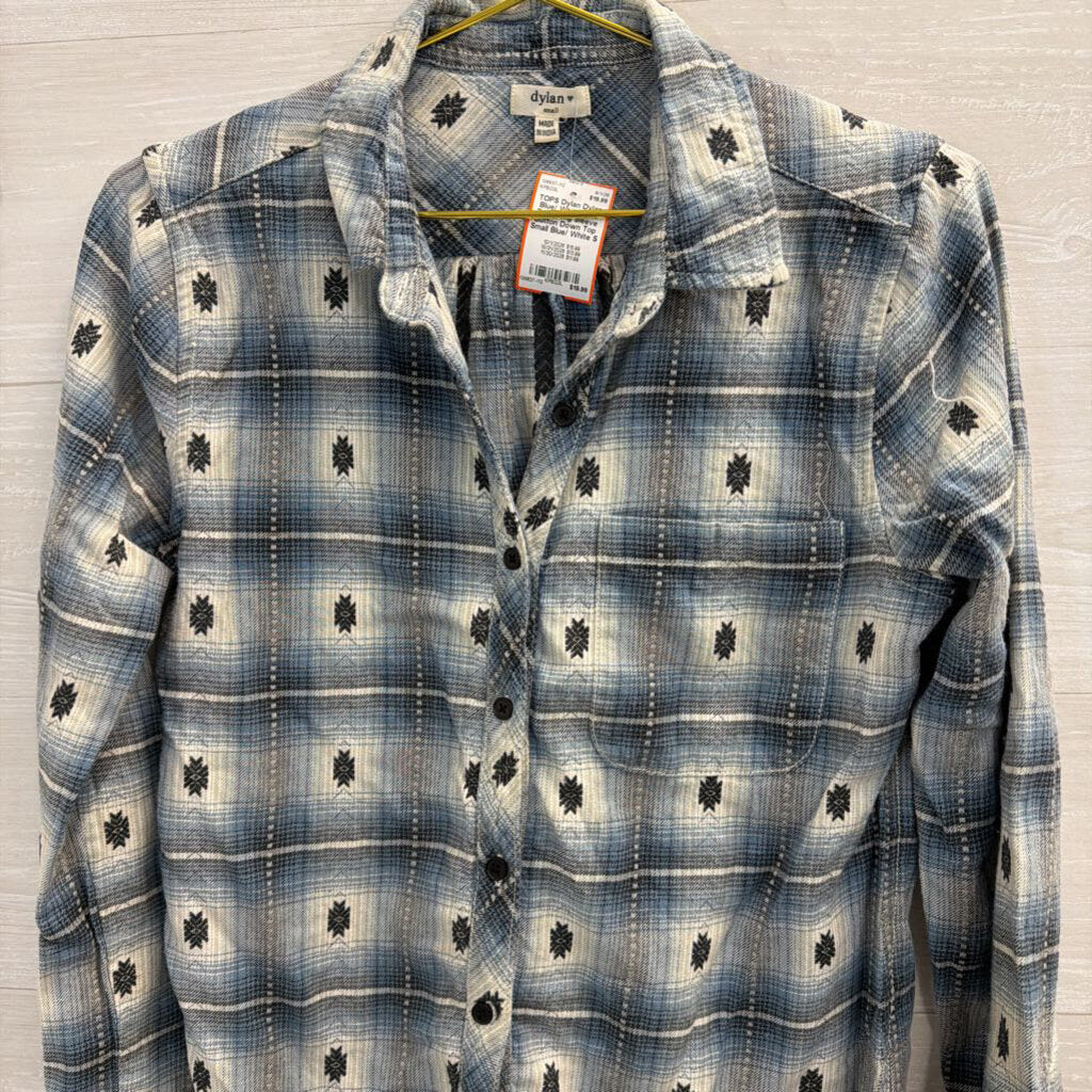 Dylan Blue/ White Plaid Print Long Sleeve Button Down Top Small