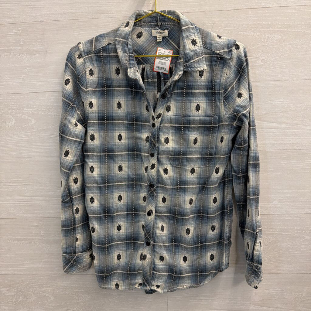 Dylan Blue/ White Plaid Print Long Sleeve Button Down Top Small