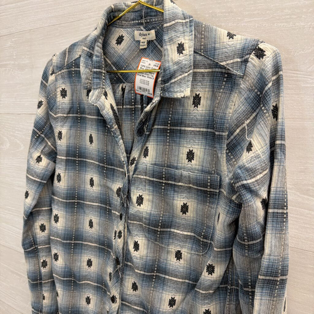 Dylan Blue/ White Plaid Print Long Sleeve Button Down Top Small