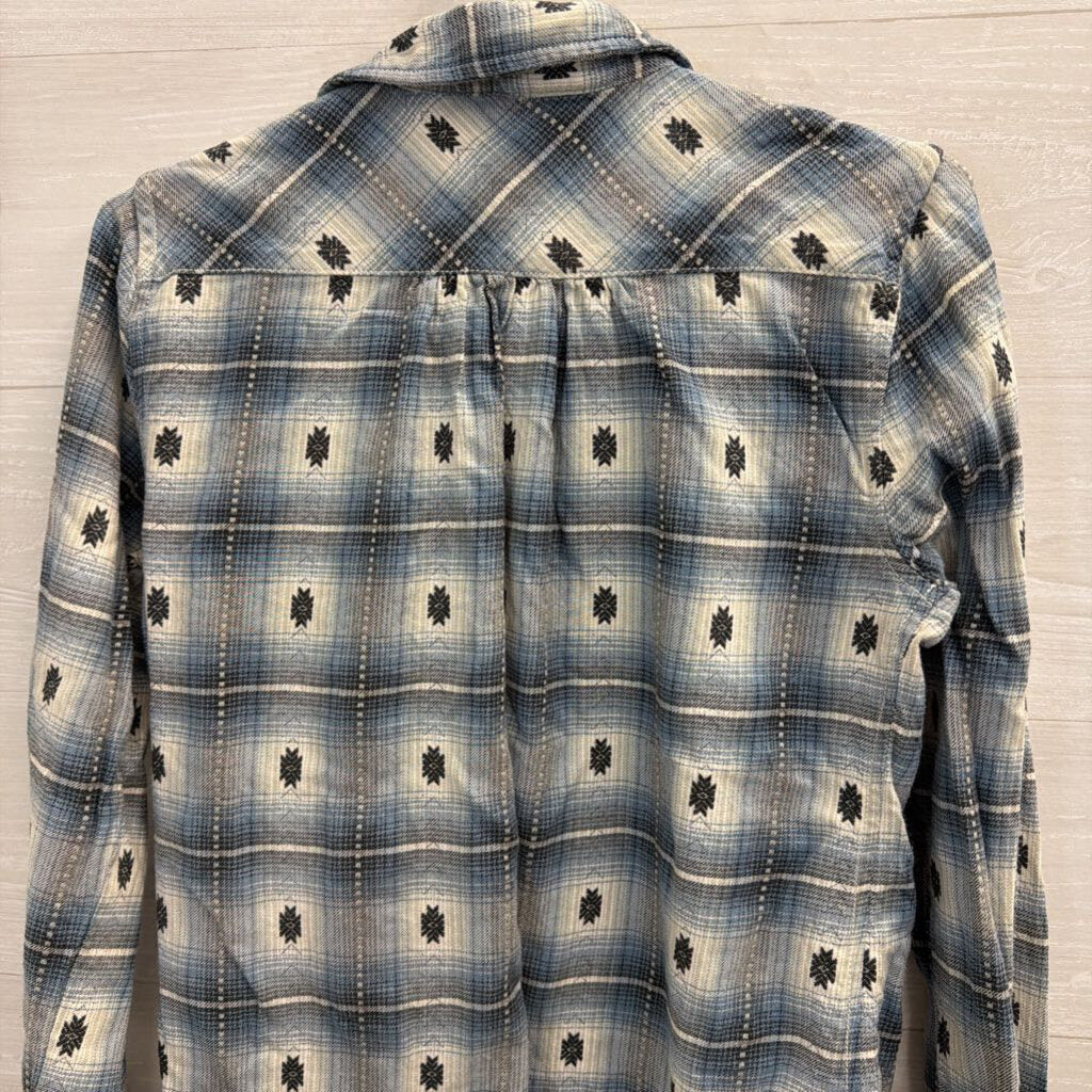 Dylan Blue/ White Plaid Print Long Sleeve Button Down Top Small