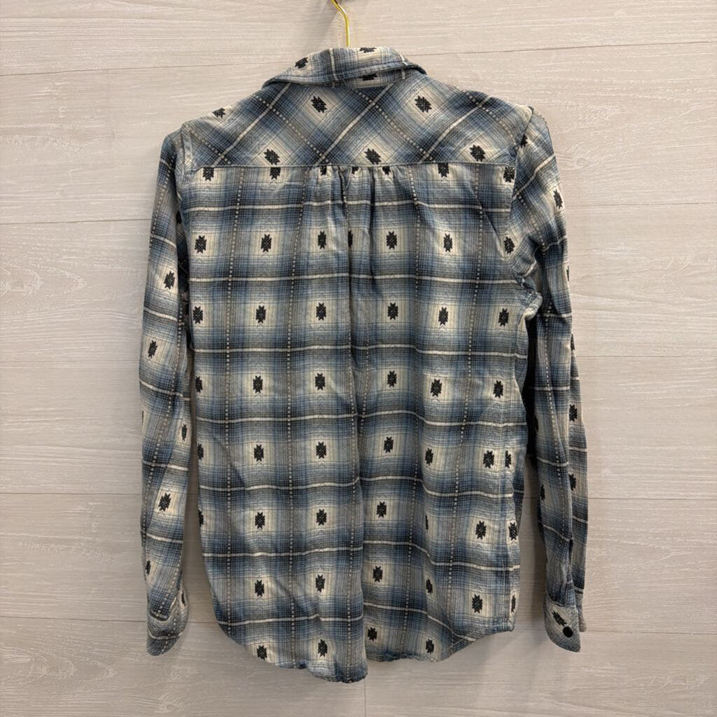 Dylan Blue/ White Plaid Print Long Sleeve Button Down Top Small
