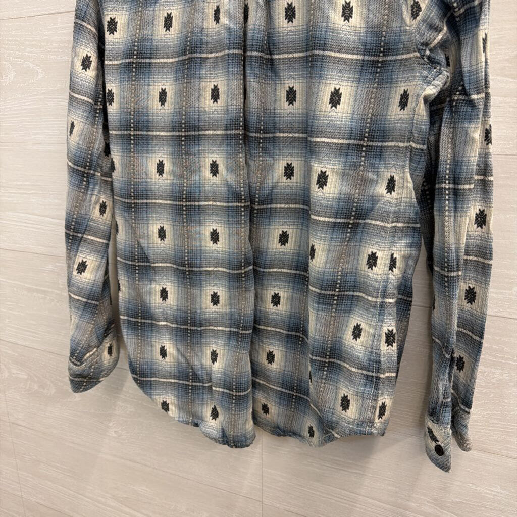 Dylan Blue/ White Plaid Print Long Sleeve Button Down Top Small
