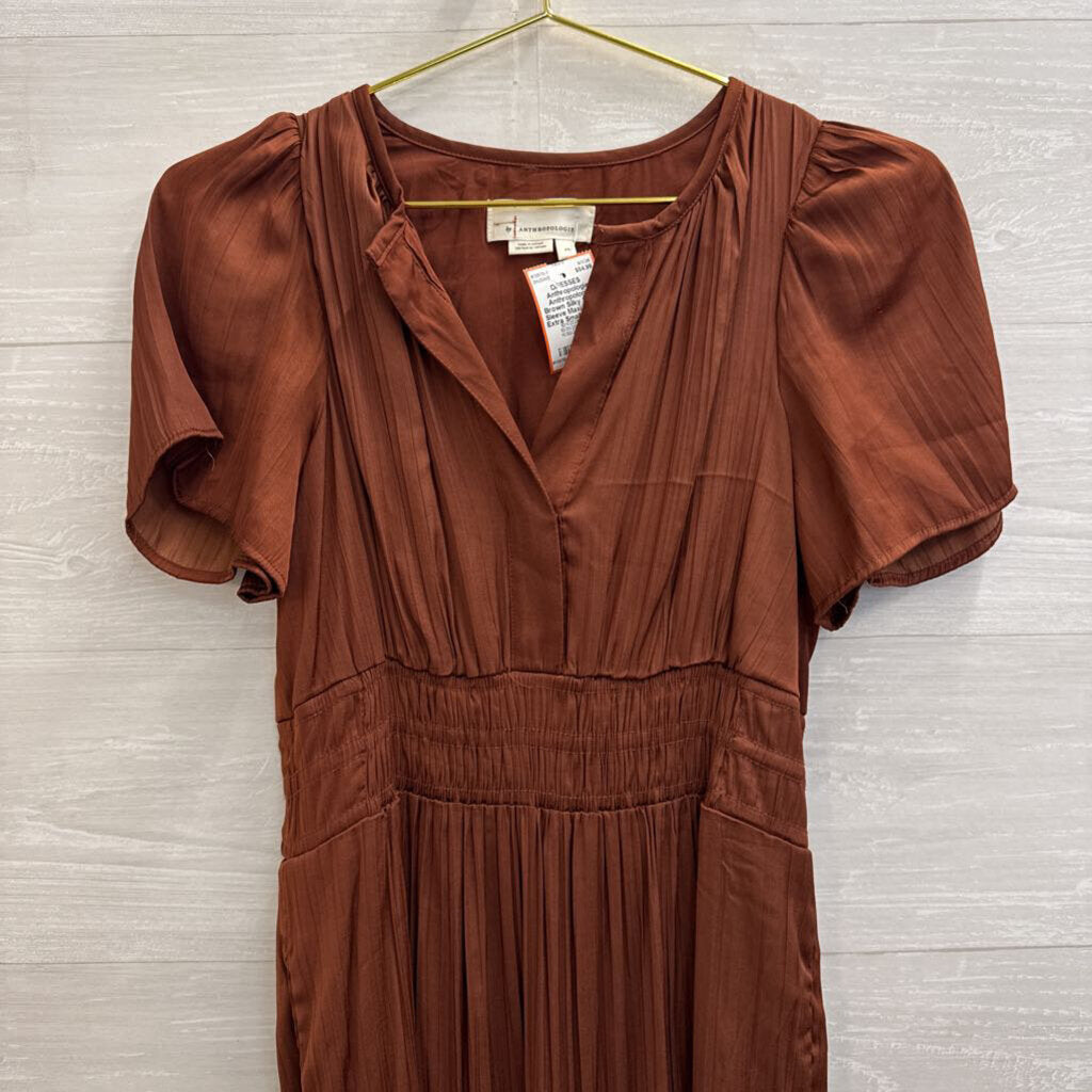 Anthropologie Brown Silky Short Sleeve Maxi Dress Extra Small