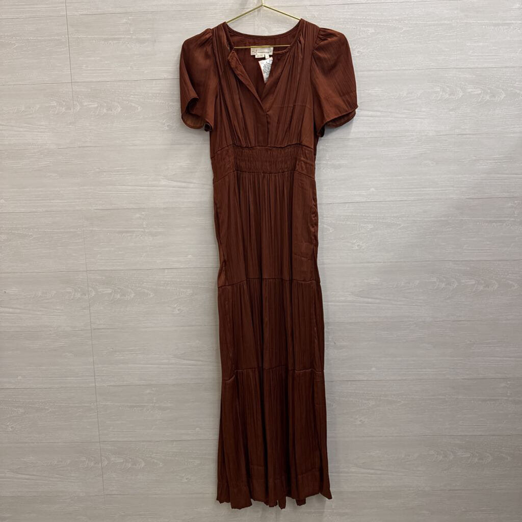 Anthropologie Brown Silky Short Sleeve Maxi Dress Extra Small