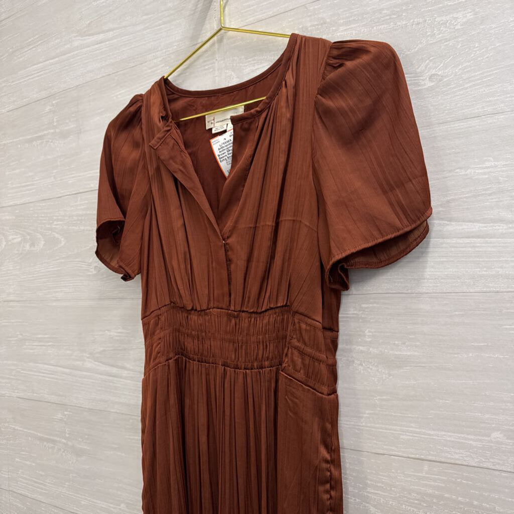 Anthropologie Brown Silky Short Sleeve Maxi Dress Extra Small