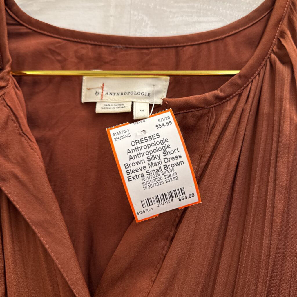 Anthropologie Brown Silky Short Sleeve Maxi Dress Extra Small
