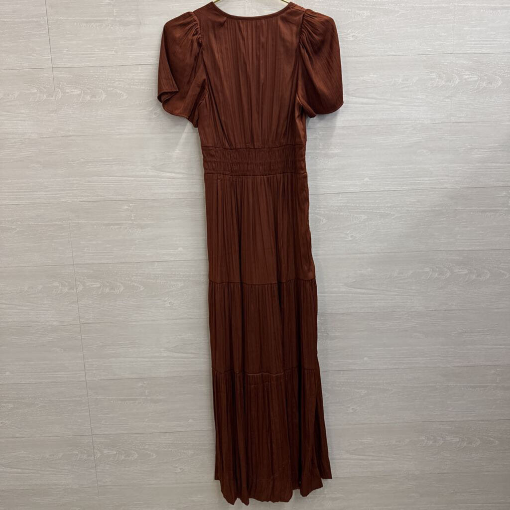 Anthropologie Brown Silky Short Sleeve Maxi Dress Extra Small