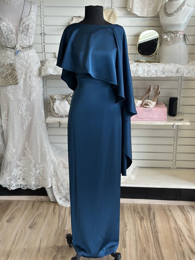 Theia Blue Silky A Symmetrical Cape Top Long Formal Dress 6
