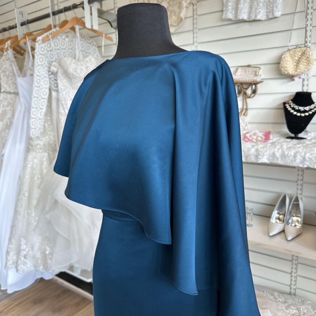 Theia Blue Silky A Symmetrical Cape Top Long Formal Dress 6