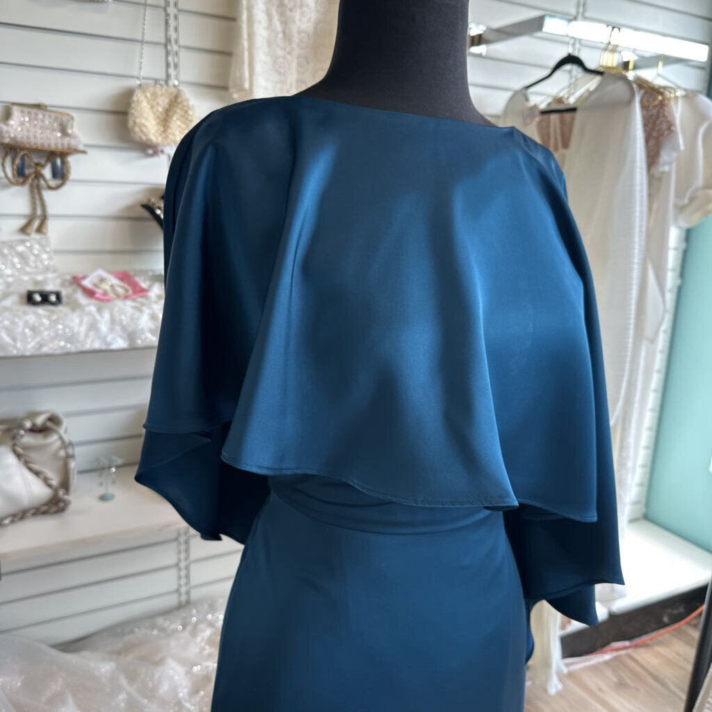 Theia Blue Silky A Symmetrical Cape Top Long Formal Dress 6
