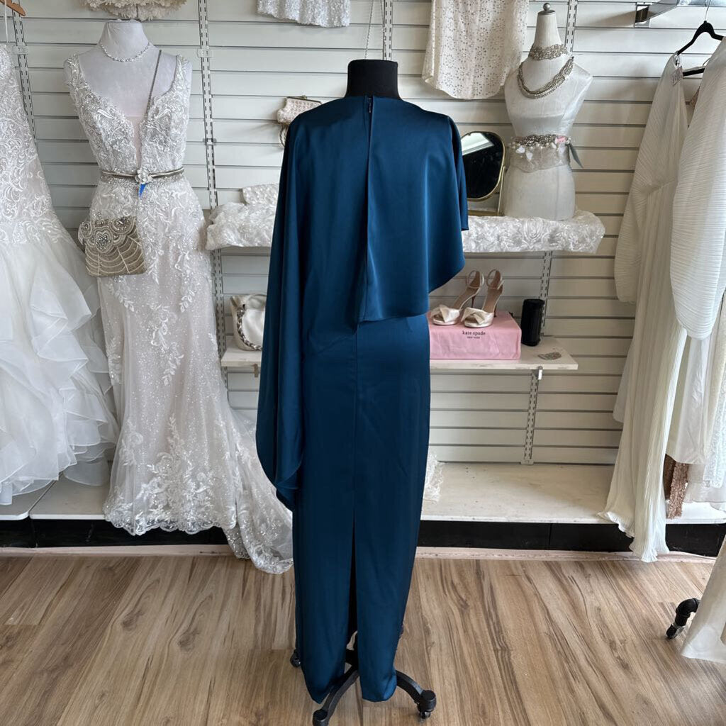Theia Blue Silky A Symmetrical Cape Top Long Formal Dress 6