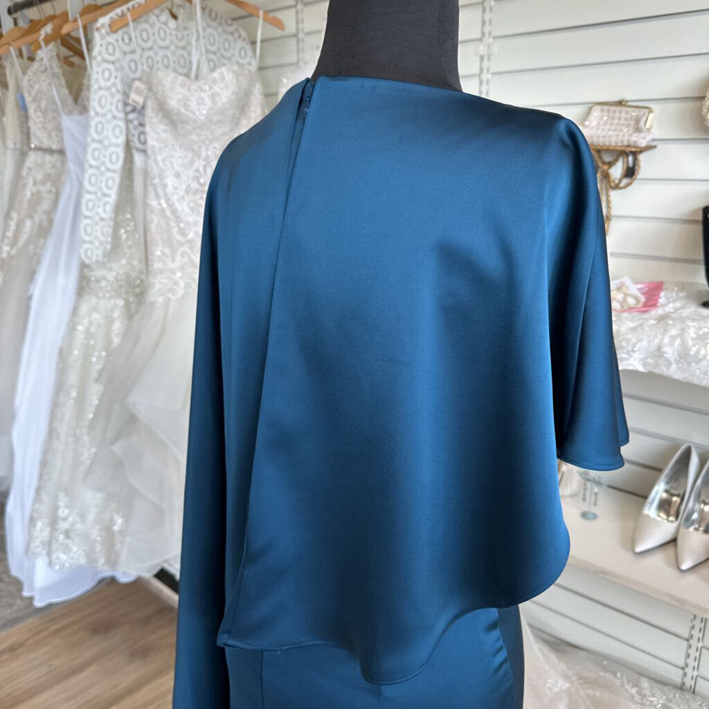 Theia Blue Silky A Symmetrical Cape Top Long Formal Dress 6