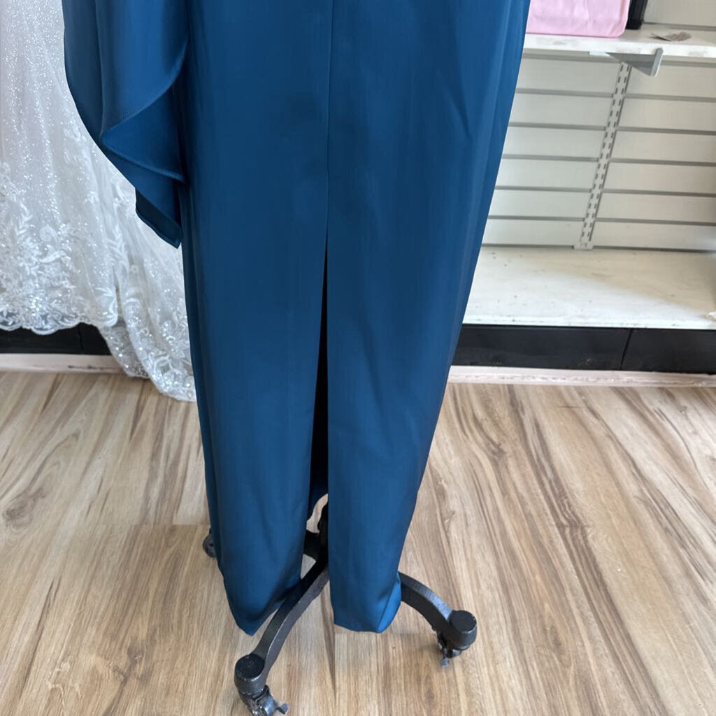 Theia Blue Silky A Symmetrical Cape Top Long Formal Dress 6