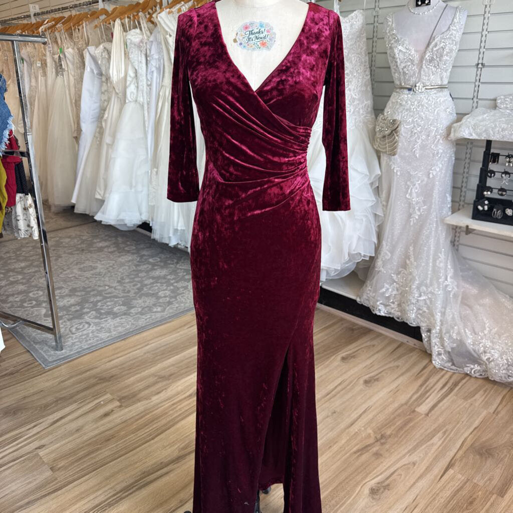 Adrianna Papell Burgundy Crushed Velvet Long Sleeve Long Formal Dress 0