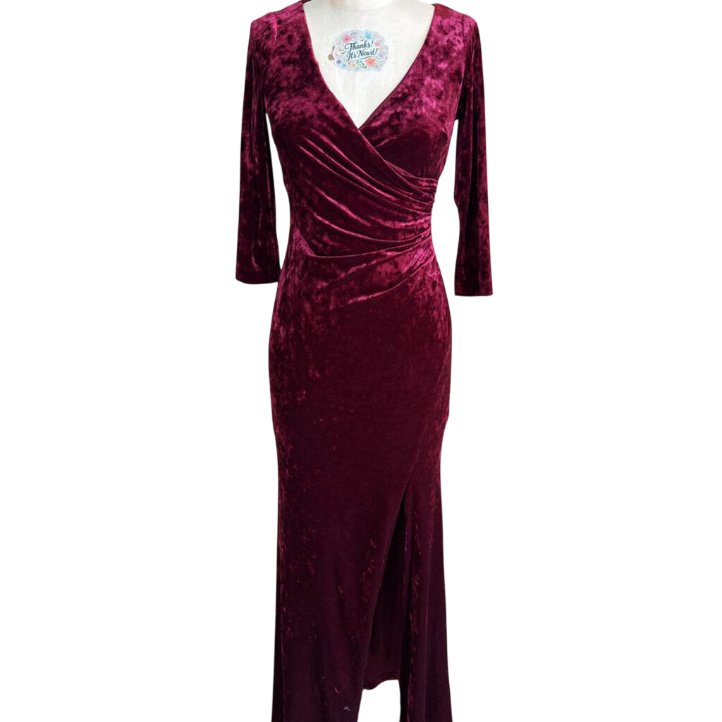 Adrianna Papell Burgundy Crushed Velvet Long Sleeve Long Formal Dress 0