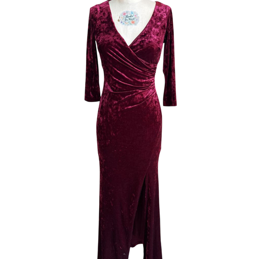 Adrianna Papell Burgundy Crushed Velvet Long Sleeve Long Formal Dress 0