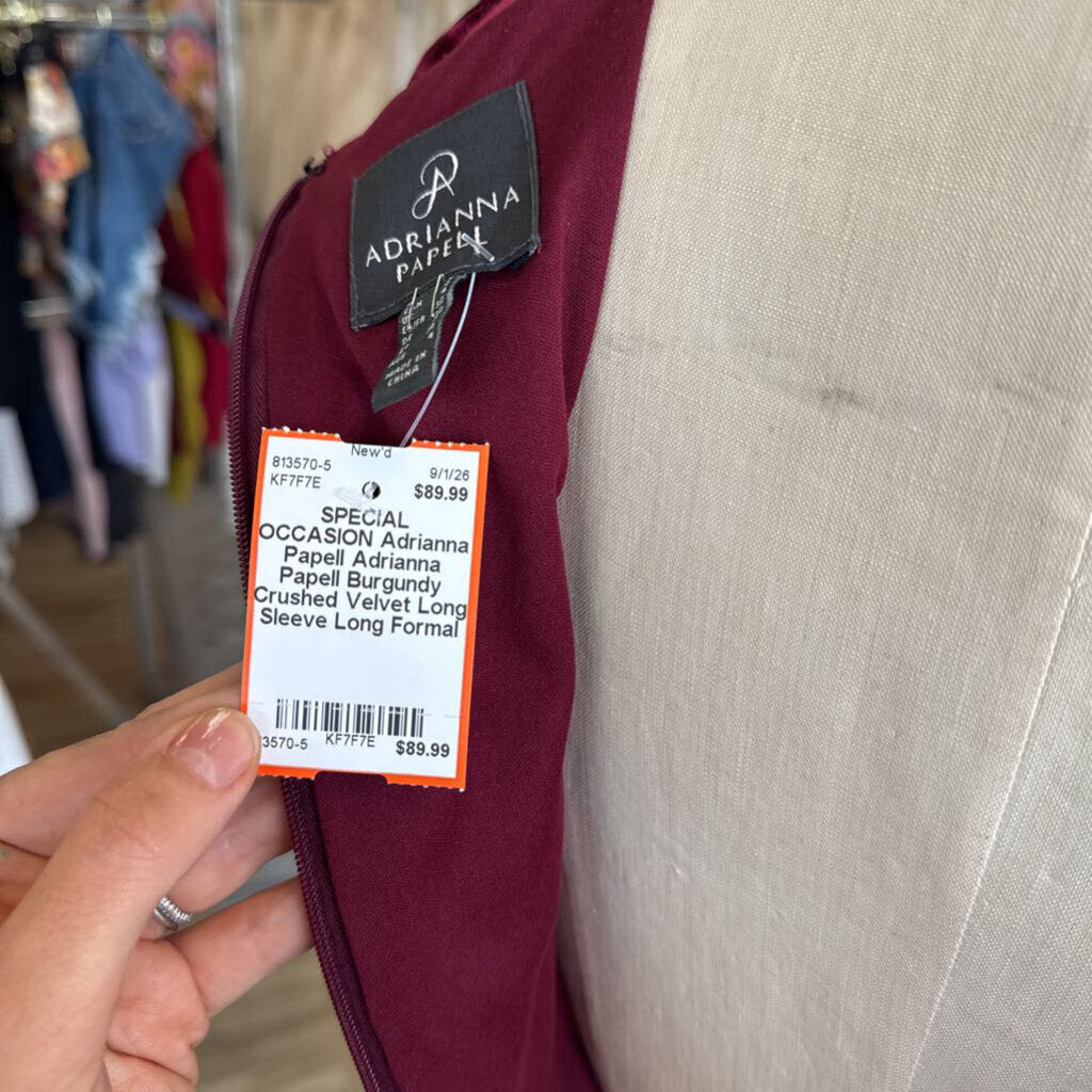Adrianna Papell Burgundy Crushed Velvet Long Sleeve Long Formal Dress 0