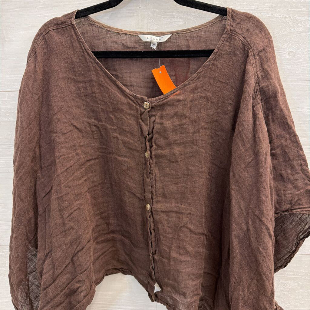 Kleen Brown 100% Linen Long Sleeve Button Front Top Extra Large
