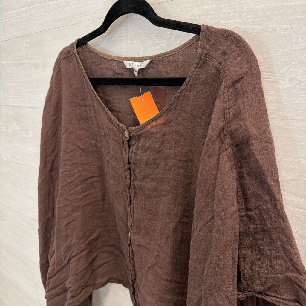 Kleen Brown 100% Linen Long Sleeve Button Front Top Extra Large