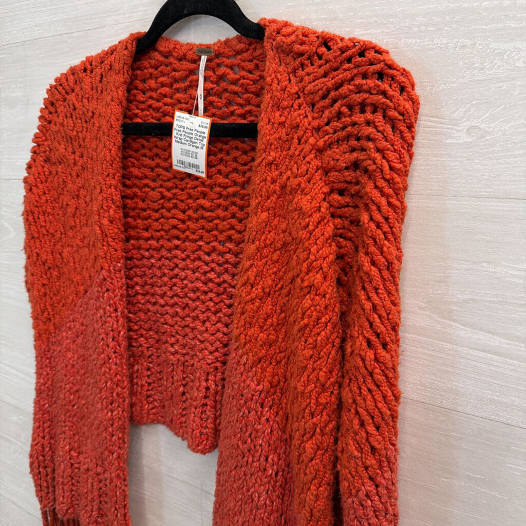 Free People Orange Knit Fringe Detail Wrap Cardigan Top Medium