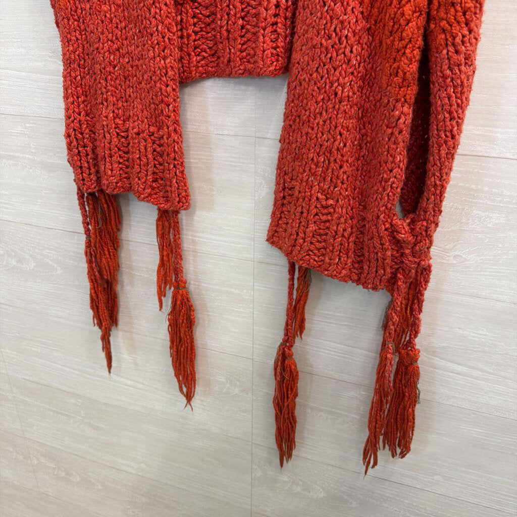 Free People Orange Knit Fringe Detail Wrap Cardigan Top Medium