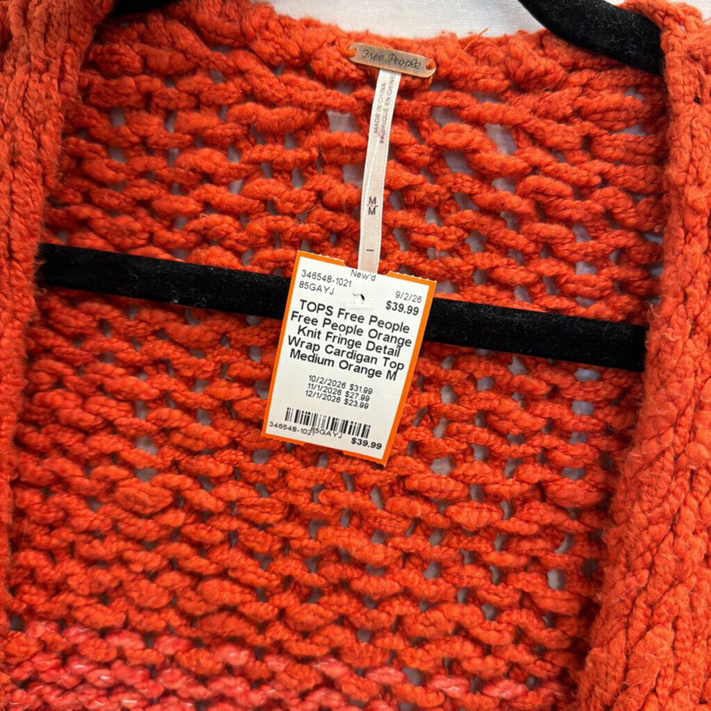 Free People Orange Knit Fringe Detail Wrap Cardigan Top Medium