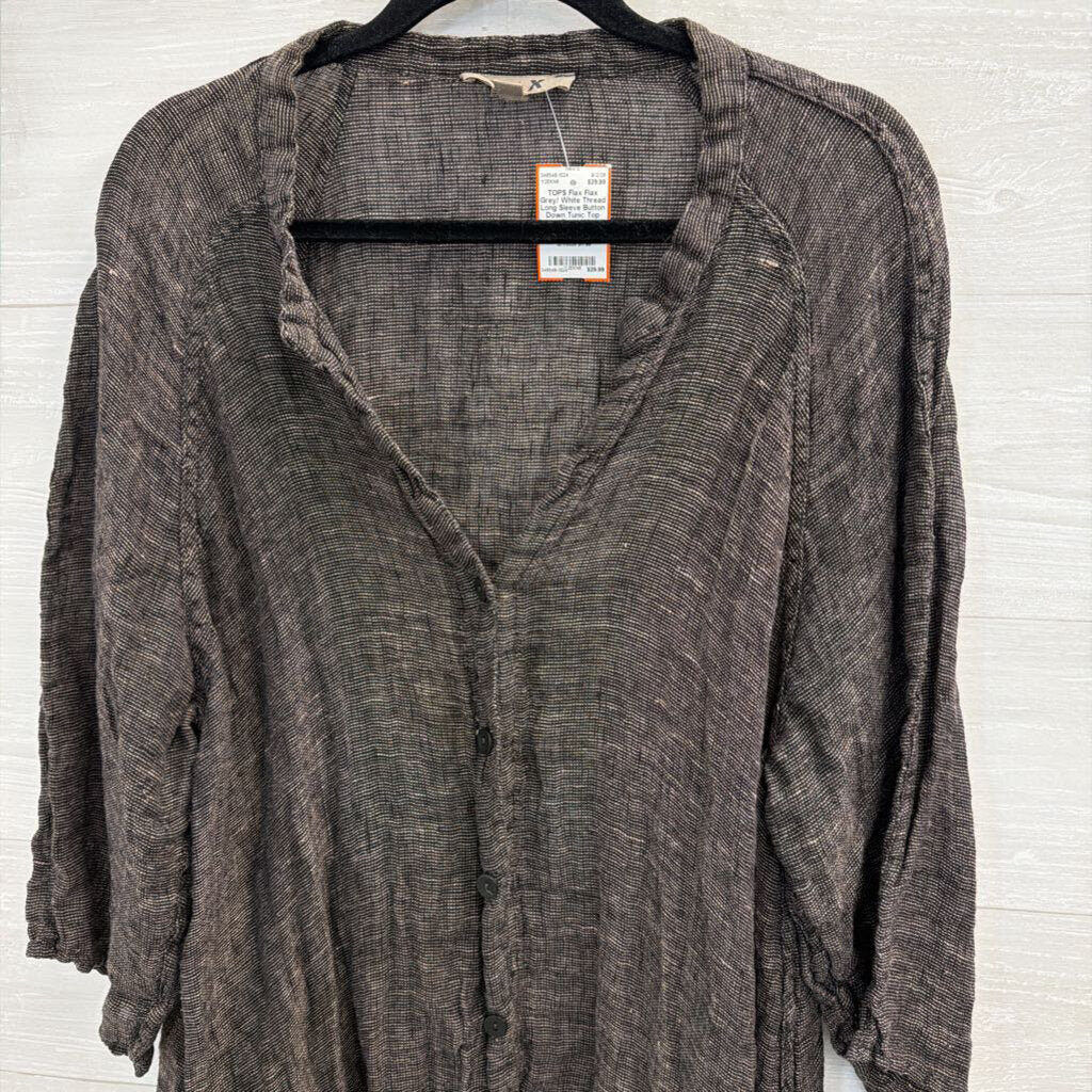 Flax Grey/ White Thread Long Sleeve Button Down Tunic Top Large