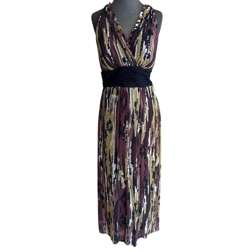 Vintage Sangria Black/ Brown Print Halter Neck Long Formal Dress 12