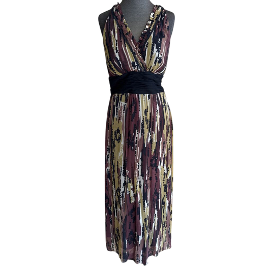 Vintage Sangria Black/ Brown Print Halter Neck Long Formal Dress 12