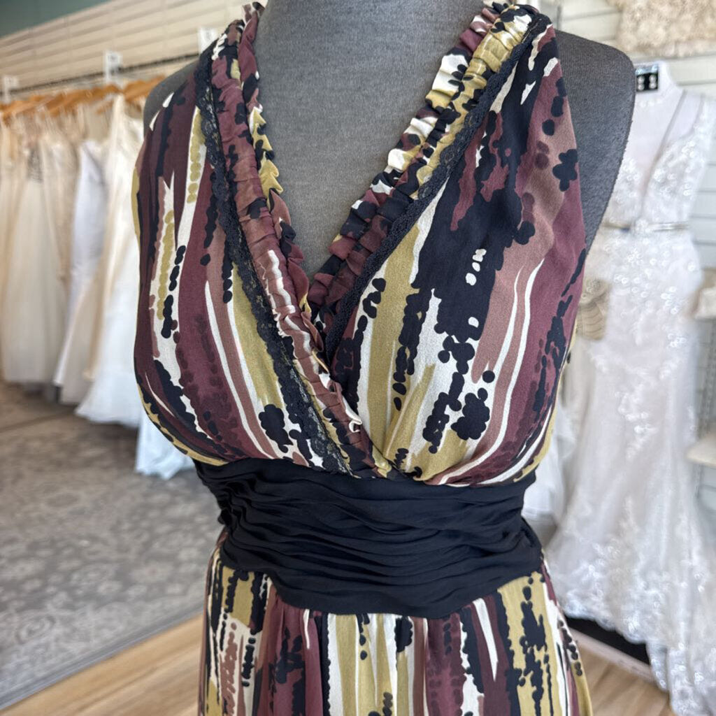 Vintage Sangria Black/ Brown Print Halter Neck Long Formal Dress 12