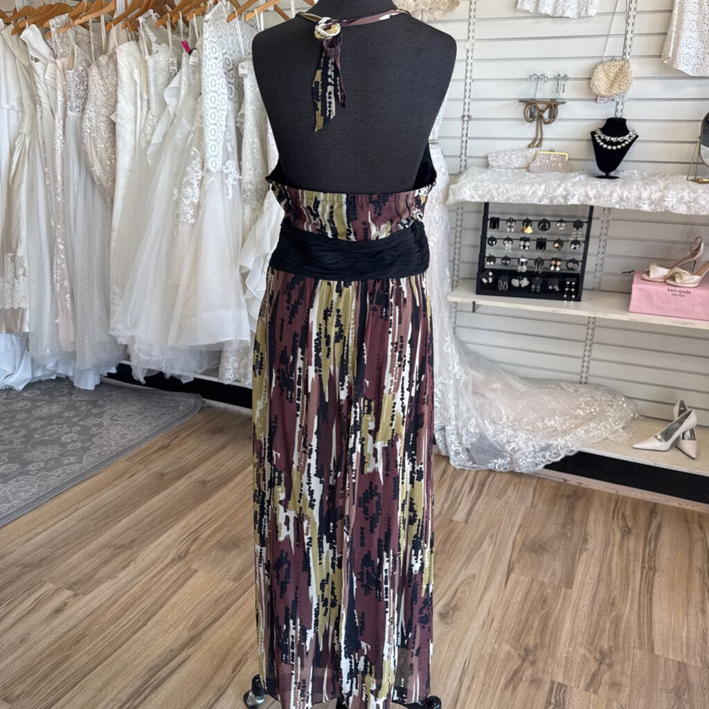 Vintage Sangria Black/ Brown Print Halter Neck Long Formal Dress 12