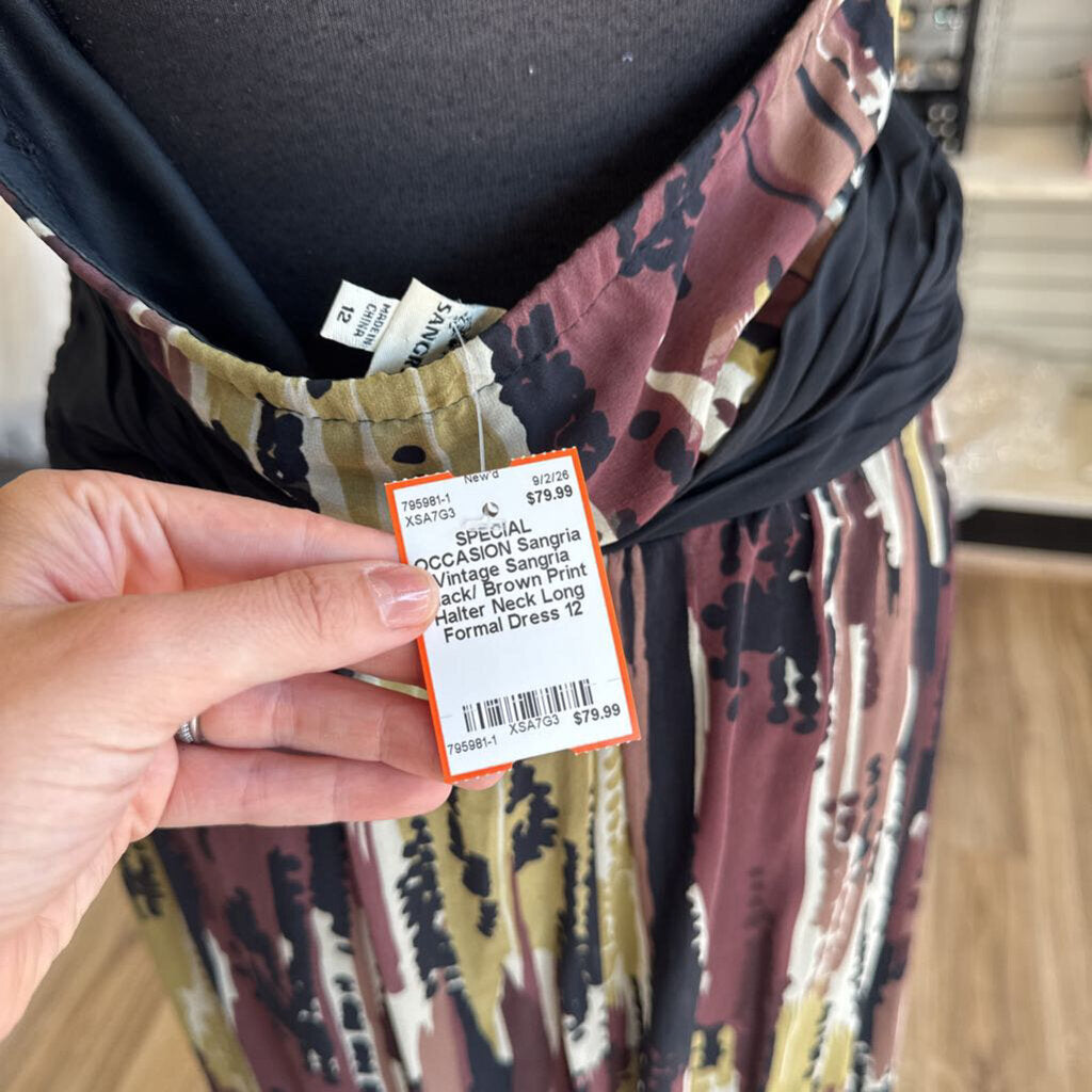Vintage Sangria Black/ Brown Print Halter Neck Long Formal Dress 12