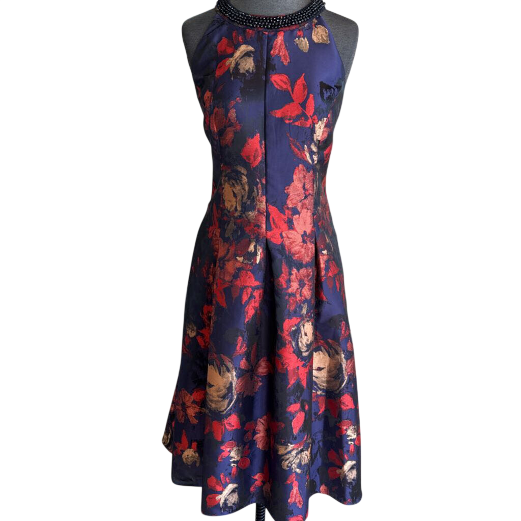 SLNY Navy/ Multi Metallic Print Long Formal Dress 10