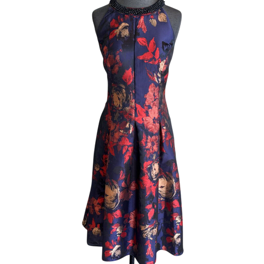 SLNY Navy/ Multi Metallic Print Long Formal Dress 10