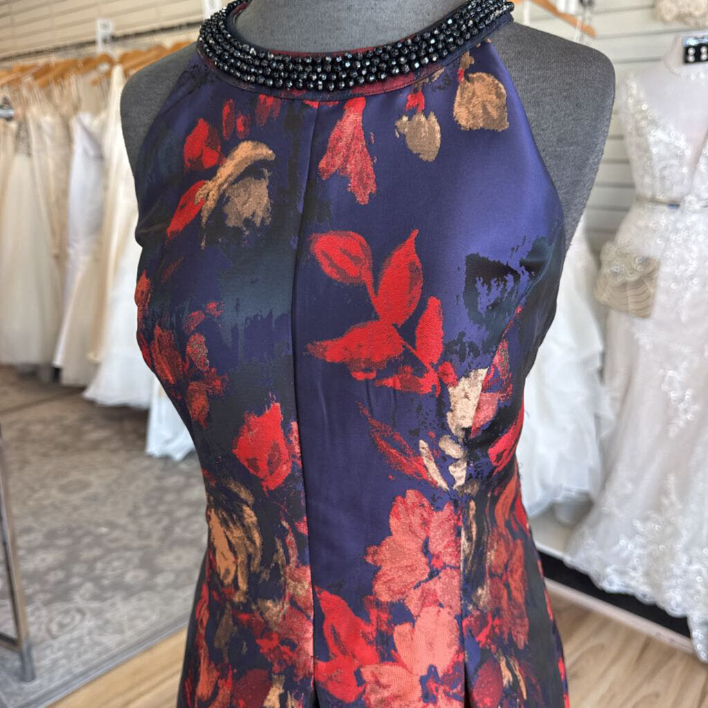 SLNY Navy/ Multi Metallic Print Long Formal Dress 10