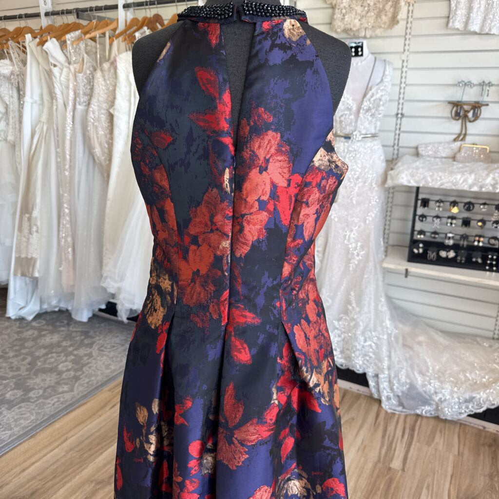 SLNY Navy/ Multi Metallic Print Long Formal Dress 10